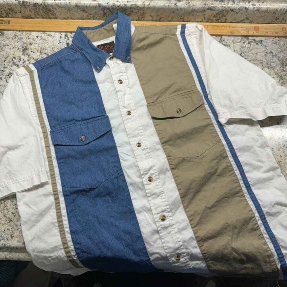 Plains Western Wear Denim Button Up Shirt Mens Size Medium Short Sleeve Cowboy M